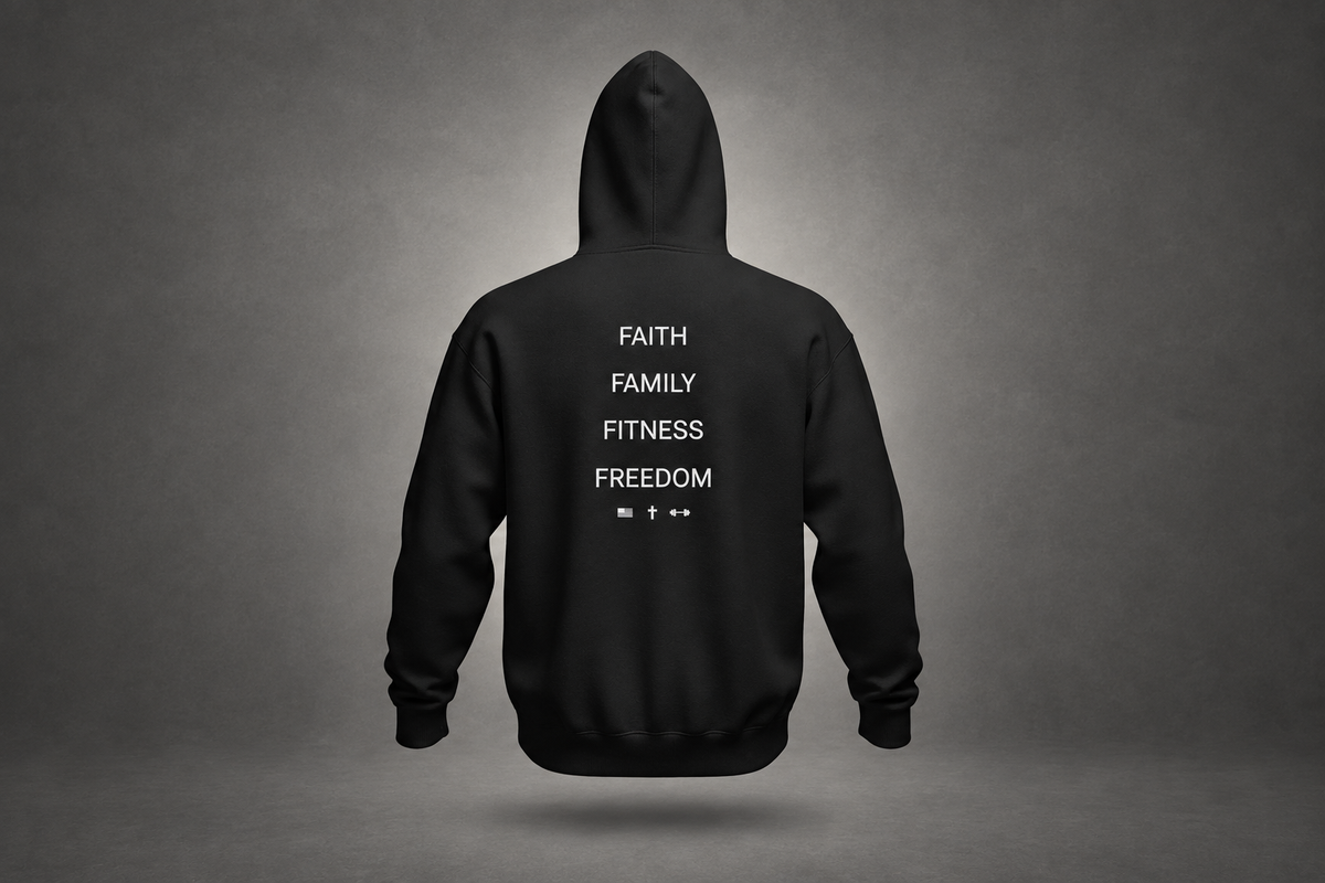 Black hoodie on a gray studio background