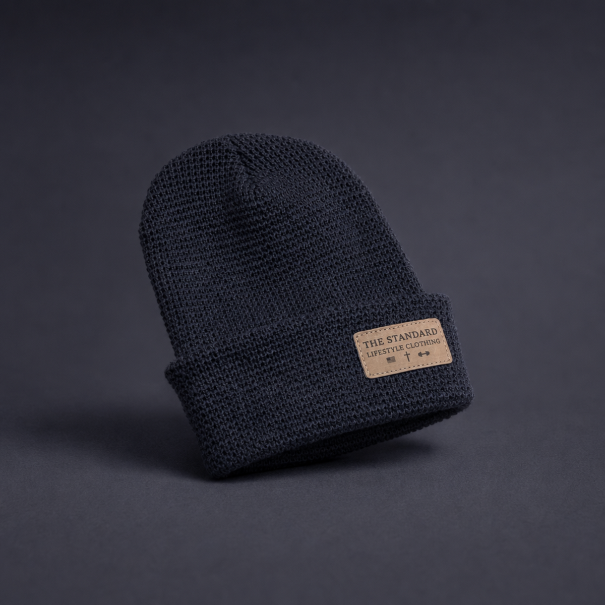 Heather Coal Leather Patch Waffle Knit Beanie | The Standard Lifestyle Clothing