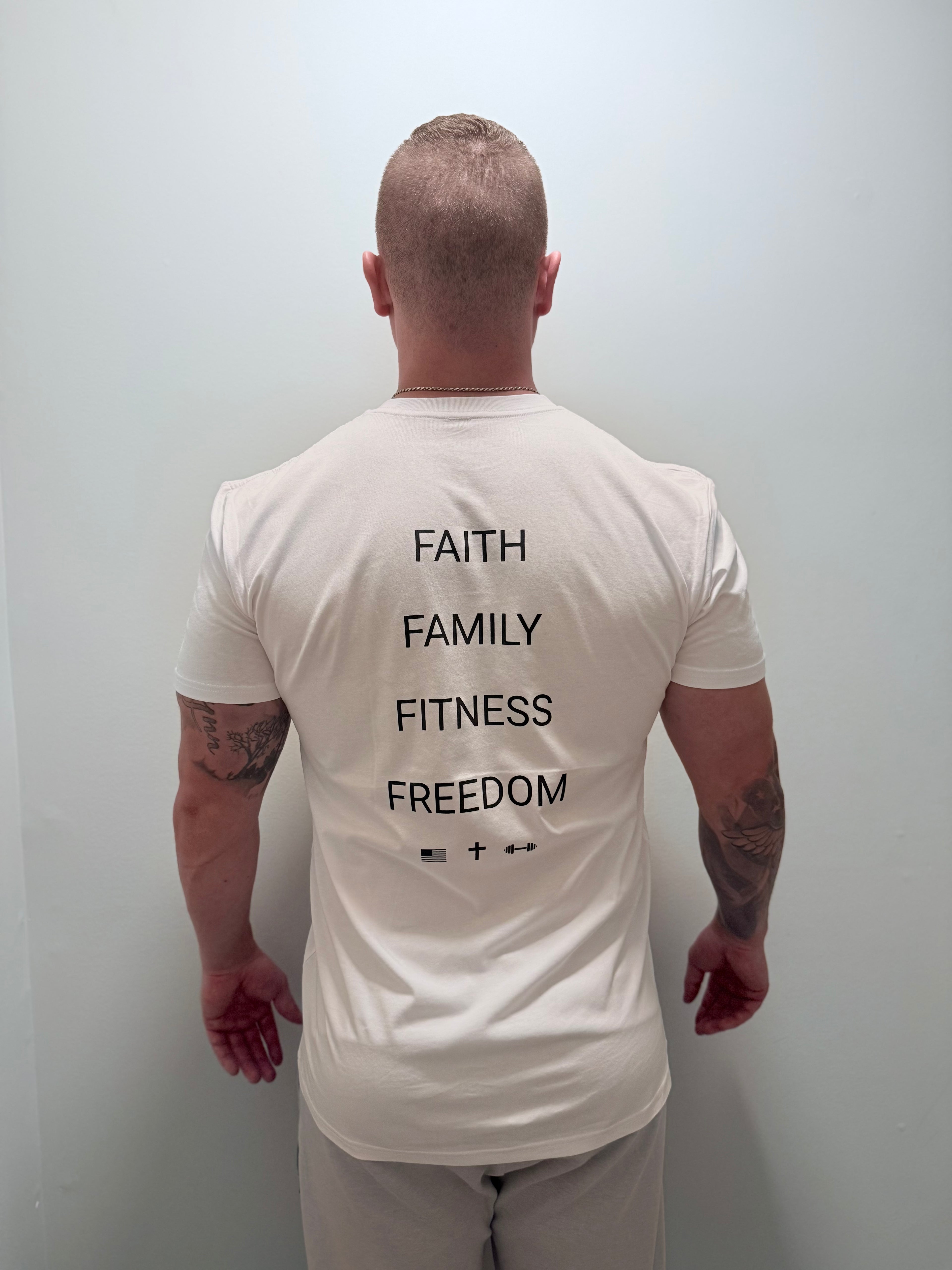 Faith Family Fitness Freedom Tee-White