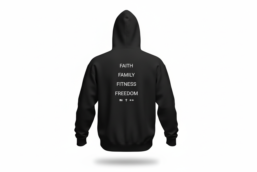Black Faith Family Fitness Freedom hoodie back view