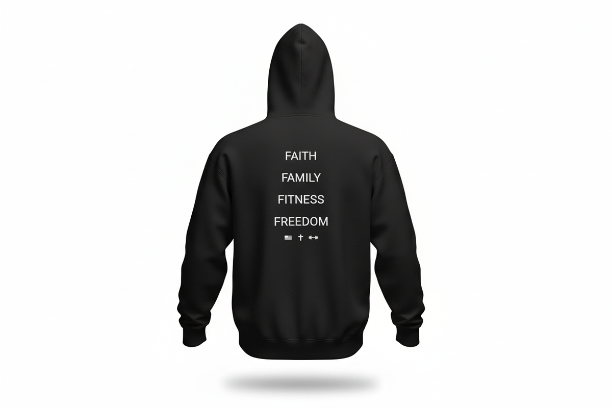 Black Faith Family Fitness Freedom hoodie back view