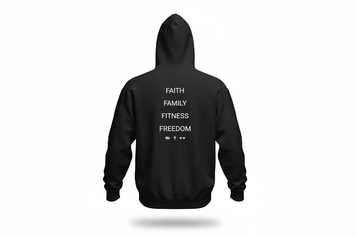 Floating ghost mannequin back - Black Faith Family Fitness Freedom hoodie