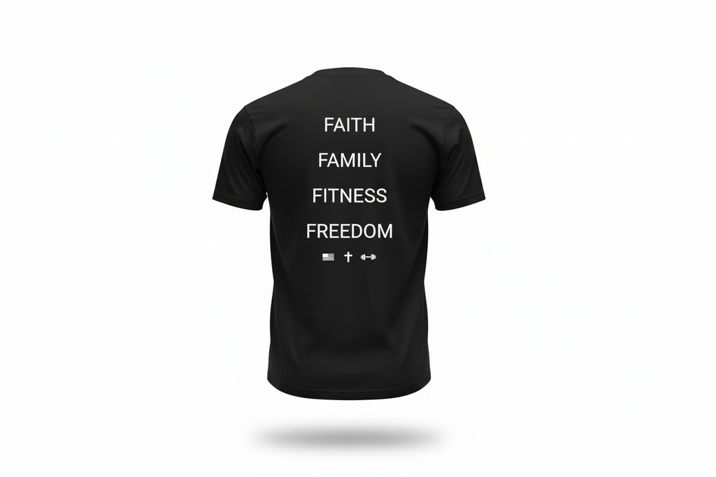 Ghost mannequin back - Black Faith Family Fitness Freedom tee