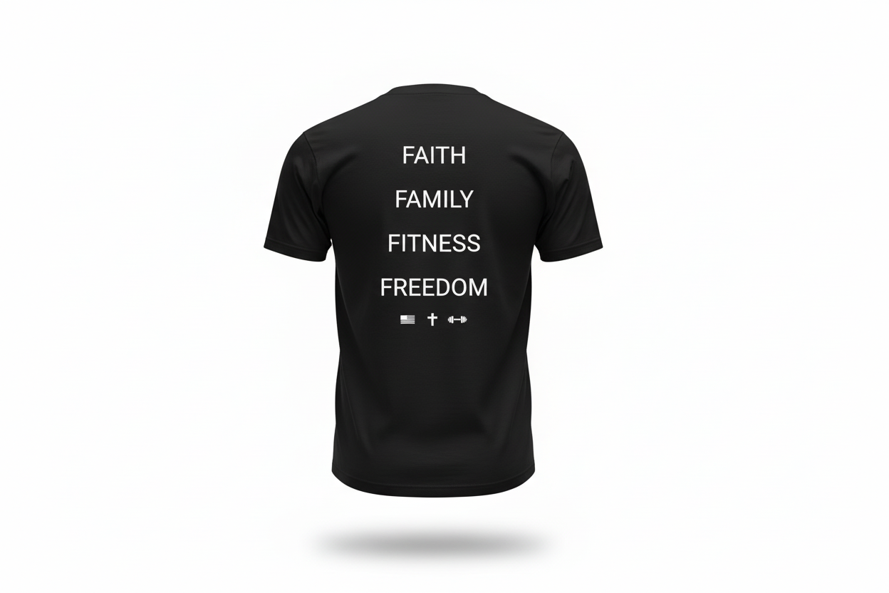 Ghost mannequin back - Black Faith Family Fitness Freedom tee