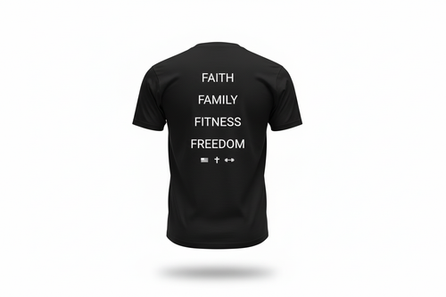Ghost mannequin back - Black Faith Family Fitness Freedom tee