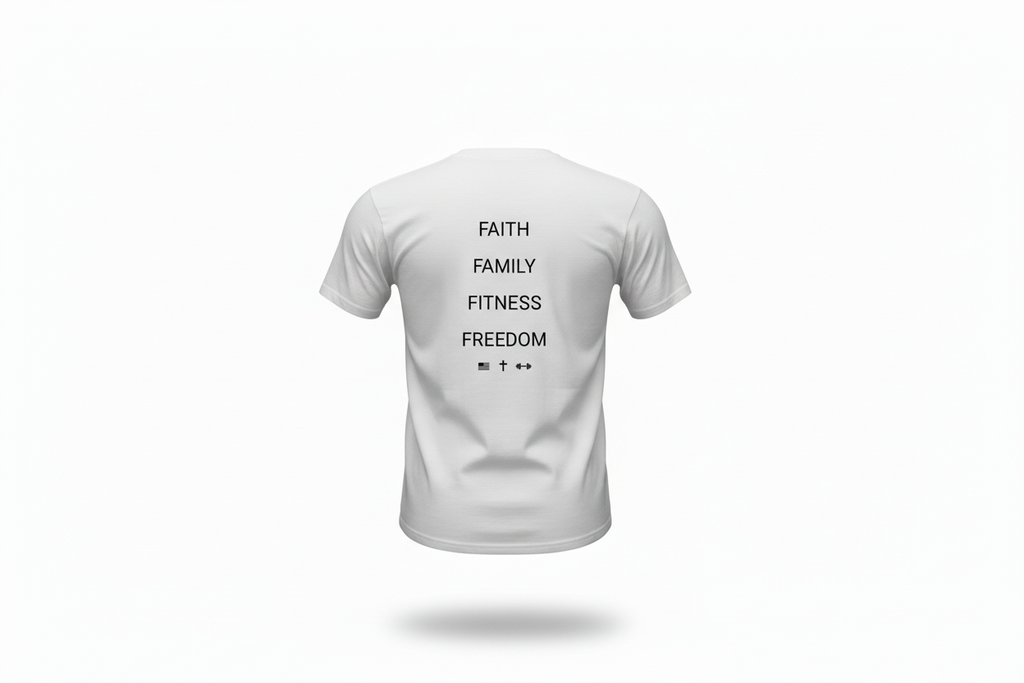 Ghost mannequin back - Faith Family Fitness Freedom tee v2