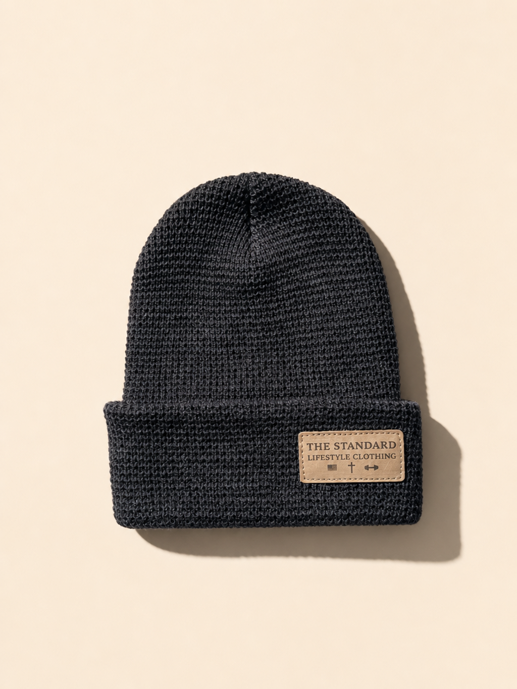 Heather Coal Leather Patch Waffle Knit Beanie | The Standard Lifestyle Clothing