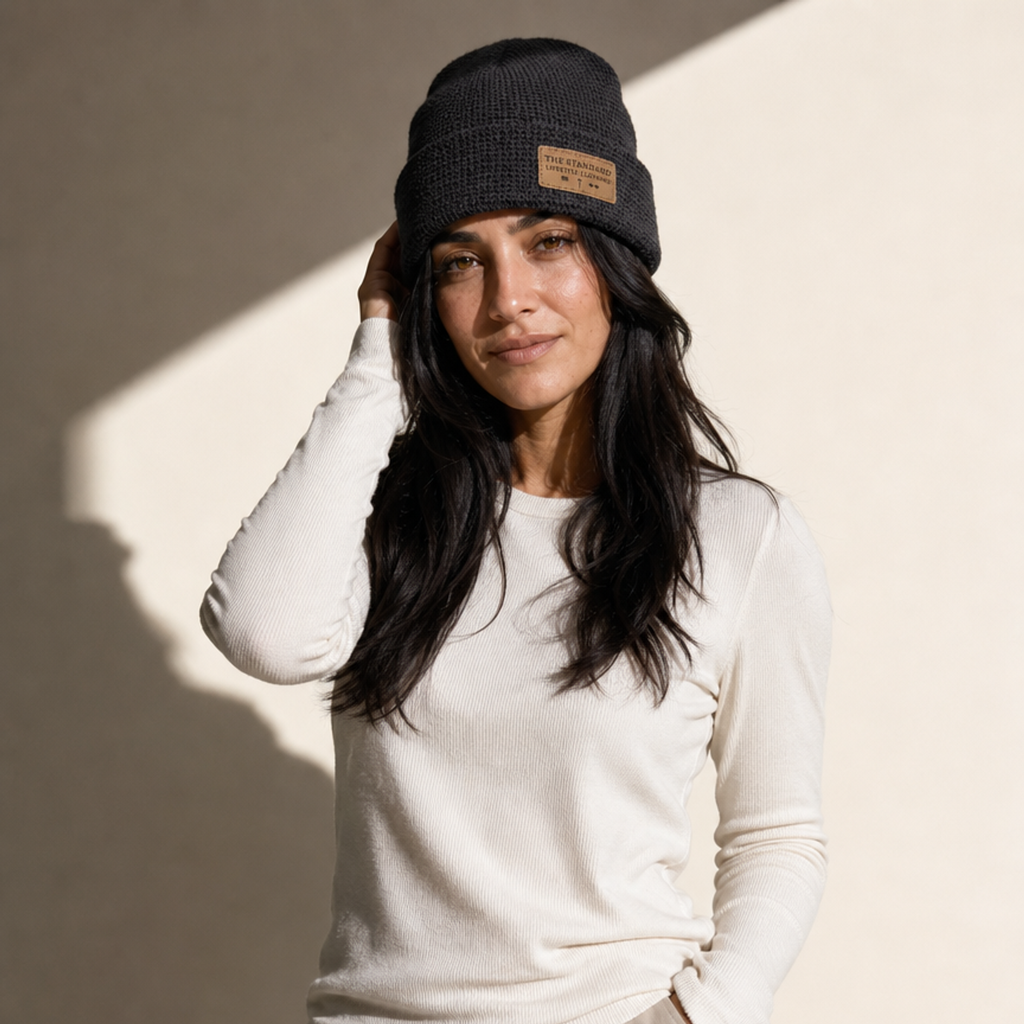 Heather Coal Leather Patch Waffle Knit Beanie | The Standard Lifestyle Clothing