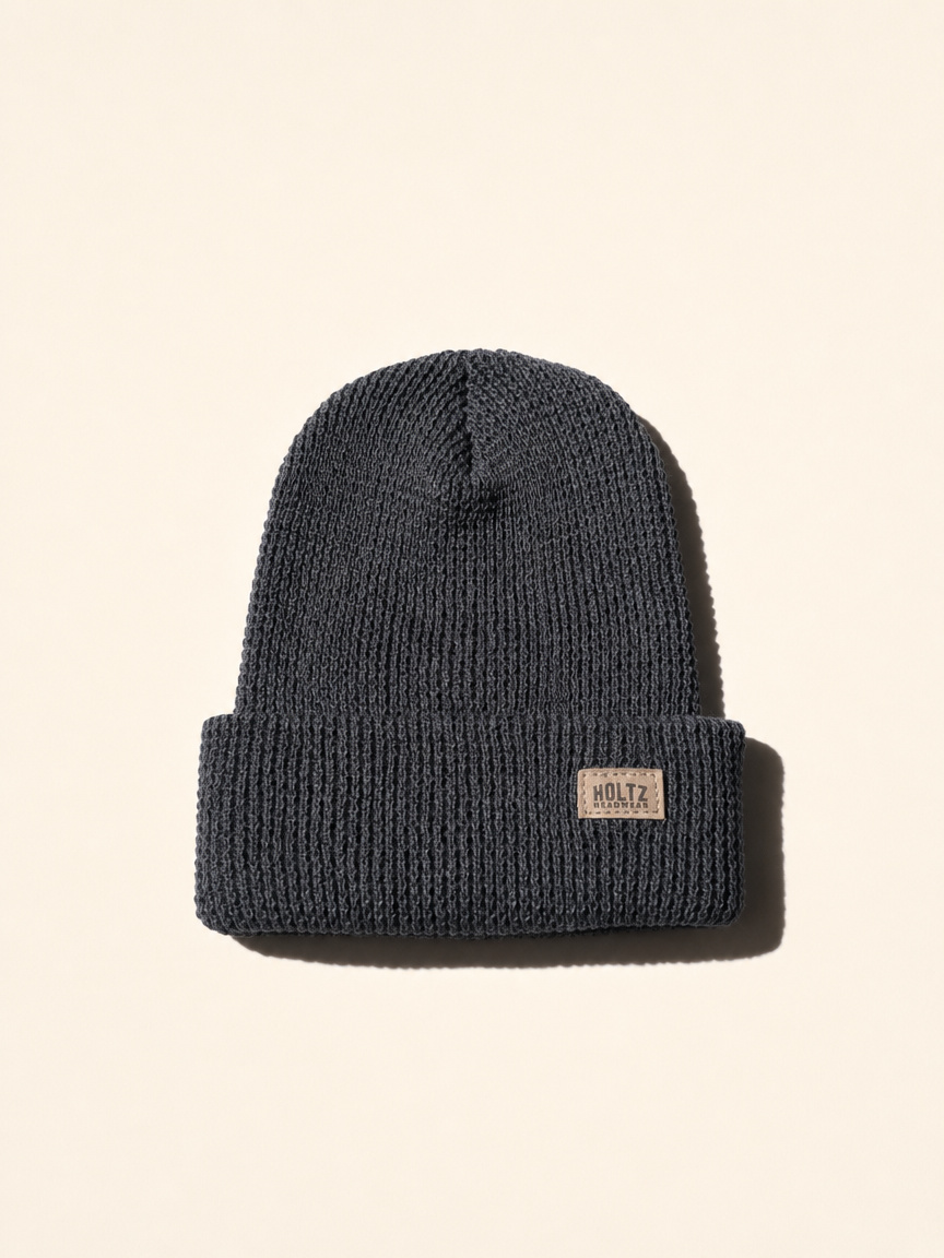 Heather Coal Leather Patch Waffle Knit Beanie | The Standard Lifestyle Clothing